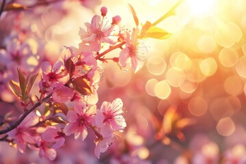 Canvas Print - Spring border or background art with pink blossom. Beautiful nature scene with blooming tree and sun flare