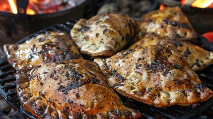 Sticker -   A close-up of a chicken on a grill with a fire in the background