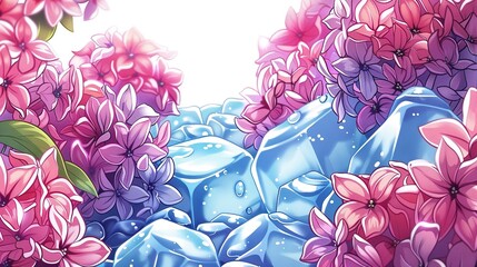 Poster -   A close-up of a bouquet of flowers on a white and blue background, featuring a pink and purple palette