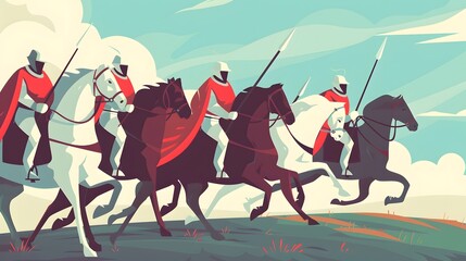 Four knights in red cloaks ride white horses, galloping across a grassy field with a cloudy sky in the background.