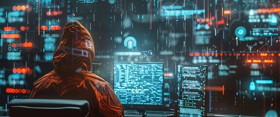 A man in a red hoodie is sitting in front of a computer monitor
