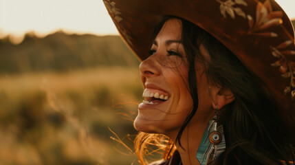 Wall Mural - Portrait of a young woman in a hat enjoying the weather at sunset. Beautiful brunette laughs at the ranch.