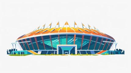 Host city stadium, medal ceremony, flat design illustration, grand, isolated on white background