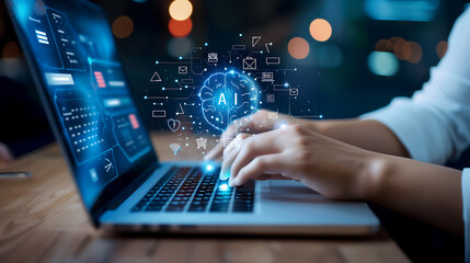 photo of an individual typing on laptop with ai icons and digital brain interface floating above the