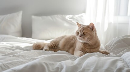 Wall Mural - Adorable British Shorthair cat resting on a white bed gazing at blank space Wall art