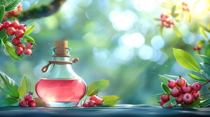 Wall Mural -   A pink-liquid-filled bottle rests on a table, surrounded by red berries and green foliage