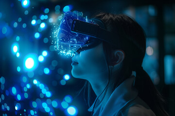 Wall Mural - School pupil with VR headset using AI artificial intelligence smart technology innovation & machine learning in library. Interactive digital training in classroom. AI blue hologram in education	