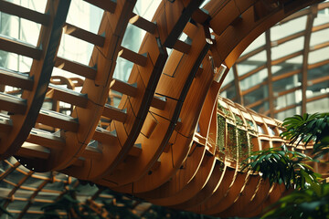 A futuristic wooden structure with round organic design shapes. Modern architectural building with greenery.