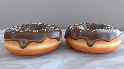  Two glazed donuts with chocolate icing and sprinkles on a marble countertop Gray background