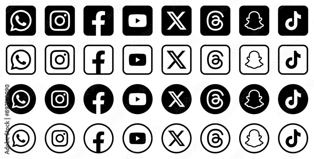 Set of Social media icons : Twitter x, Facebook, Instagram, YouTube ...