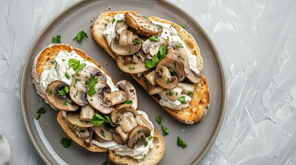 Wall Mural - Creamy Mushroom Toasts on Plate Top View with Copy Space