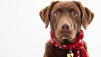 Sticker - Brown dog wearing Christmas scarf with bell looking at camera on white background