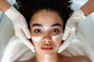 A young woman with curly hair rests on a spa bed, getting a facial treatment. Her eyes are closed, face relaxed, as hands apply a hydrating mask