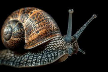 A detailed photo of a snail on a dark background, showing off its intricate shell patterns up close