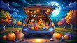 © Adisorn - A colorful illustration of a trunk or treat scene featuring a decorated car trunk filled with candy and spooky Halloween decorations at night.