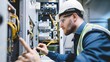 © Felippe Lopes - A male electrical engineer works on a large electrical panel, wearing safety glasses and a hard hat.