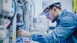 © Felippe Lopes - An electrician wearing a white hardhat and safety glasses works on a complex electrical system.
