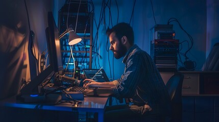 Wall Mural - A man works late into the night at his computer in a dimly lit room, surrounded by wires and tech equipment.