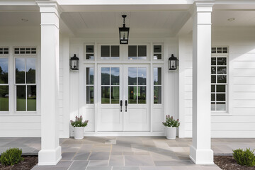 Wall Mural - A front door detail of a white modern farmhouse with a white front door, black light fixtures, and a covered porch.