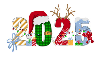 Hand drawn doodle number of 2025 with scarf,  santa hat, antler and garlands. Happy new year. Christmas design for poster, banner, t shirt, card, flyer