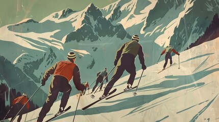 vintage olympic poster from the 1948 st moritz winter games, featuring stylized skiers and muted col