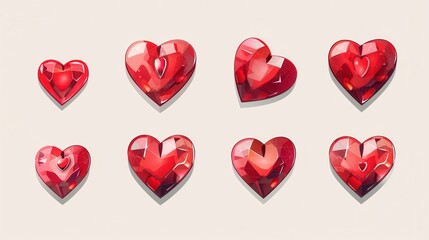 Poster - A collection of eight red hearts with different styles, shapes, and sizes. They are all illustrated in a digital style with shiny, textured surfaces. Generative AI