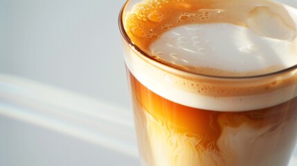 Close-up of a photo-realistic orange Thai tea glass, showing a clear separation of one milk layer and two coffee layers. The glass is set on a white background with bright white light rays,