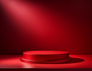 Wall Mural -  Red Background Podium Light Studio- A bold red podium setup with studio lighting, ideal for_1(388)