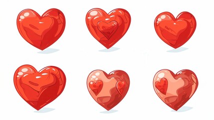 Poster - Six red heart illustrations in different styles, with varying shades and textures. Generative AI