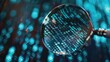 © vefimov - Microstock image of a pair of searching glasses over a digital background with binary code, representing tech and data analysis themes.