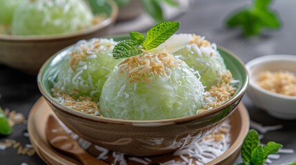 Green Dessert with Coconut Flakes in a Bowl