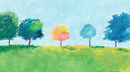 Poster -  Trees in Field - Blue Sky, Green Grass