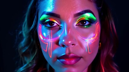 Aufkleber - A woman with neon makeup and brightly colored eyeshadow poses for a portrait in a dark studio, illuminated by a blue and pink light.