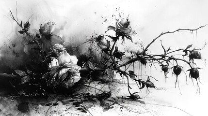 Sticker -   A stunning black-and-white picture depicts a rose perched on a tree branch with water droplets cascading down its petals