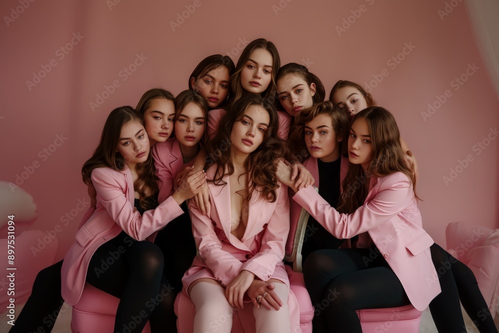 conceptual photo of female support and solidarity. Group of young women ...