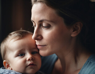 A mother lovingly gazes at her infant baby, holding the child close in her arms. Cute infant child is calm. Love of mother and child. Happy childhood. Family relationships, motherhood and fertility.