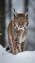 Wall Mural - A majestic Eurasian Lynx, its fur a symphony of tan and charcoal, effortlessly prowls through a snowy landscape