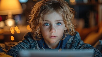 Young child with blue eyes using tablet computer at night