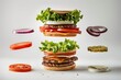 © molokot - Creative banner of levitating floating burger and ingredients. Burger components, bun, patty, vegetables. Flying food on white background. Food breakdown, calorie count, burger composition