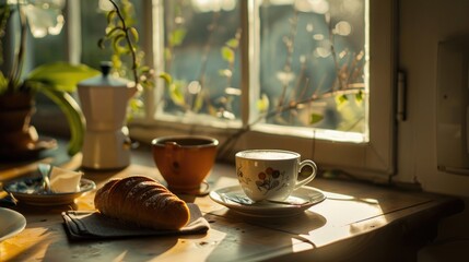 Poster - Morning breakfast with coffee on desk