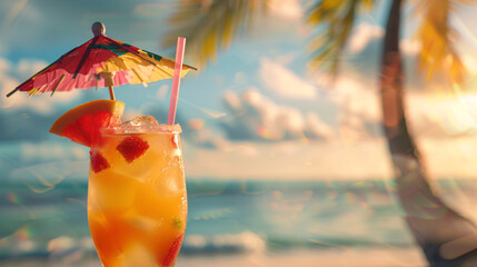 Close-up of a beautifully garnished tropical cocktail with an umbrella and fruit slices, set against a vibrant beach background 