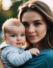 Wall Mural - A mother lovingly gazes at her infant baby, holding the child close in her arms. Cute infant child is calm. Love of mother and child. Happy childhood. Family relationships, motherhood and fertility.