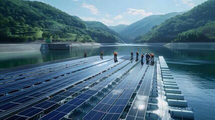 Fototapete - A team of engineers installing a state-of-the-art floating solar farm, with innovative buoyant panels carefully positioned on the water's surface within a dam, capturing sunlight to produce sustain