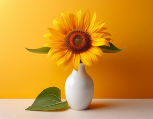 Vibrant Autumn Sunflower in White Vase on Yellow Background  Natural Bright Yellow Blossom