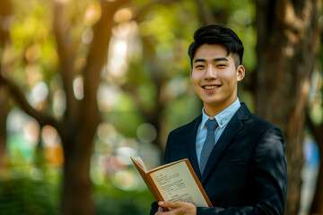 Wall Mural - Handsome and young businessman in suit holding book smiling