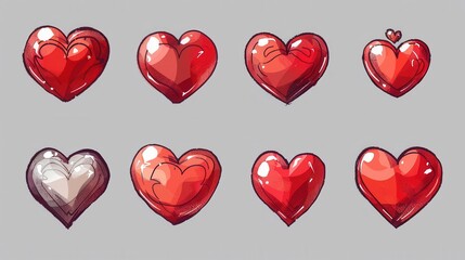 Poster - Eight red hearts in different poses, each with a distinct style. Some have outlines, others are filled in. Generative AI