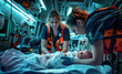 © Lubo Ivanko - Two women in orange uniforms assisting baby patient in ambulance van, neonatal paramedic EMT as imagined by Generative AI