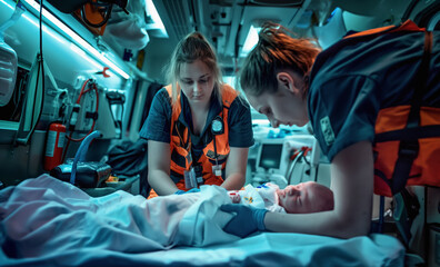 Two women in orange uniforms assisting baby patient in ambulance van, neonatal paramedic EMT as imagined by Generative AI