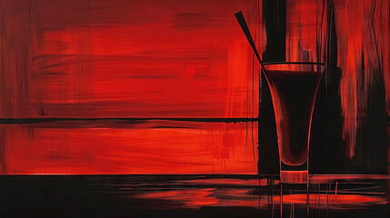 Wall Mural -   A painting of a glass with a straw and a bottle of liquid against a red backdrop