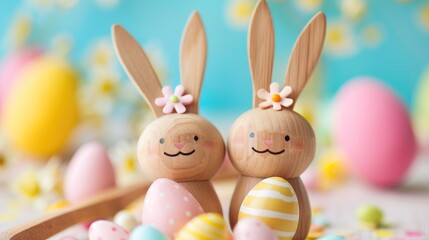 Wall Mural - Wooden spoon bunnies with candy eggs Easter gift or decor idea for kids